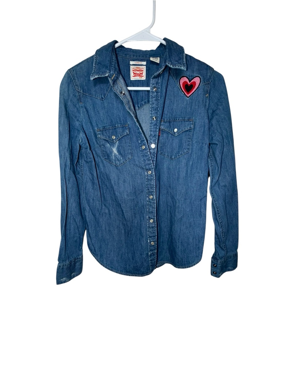 Levi's Blue Denim Button-Down Shirt with Pink Heart Patch